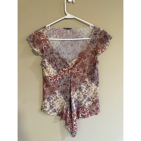 Classic Tops - Vintage Patchwork Floral V Neck Handkerchief Hem Top Flutter Sleeve Cottagecore